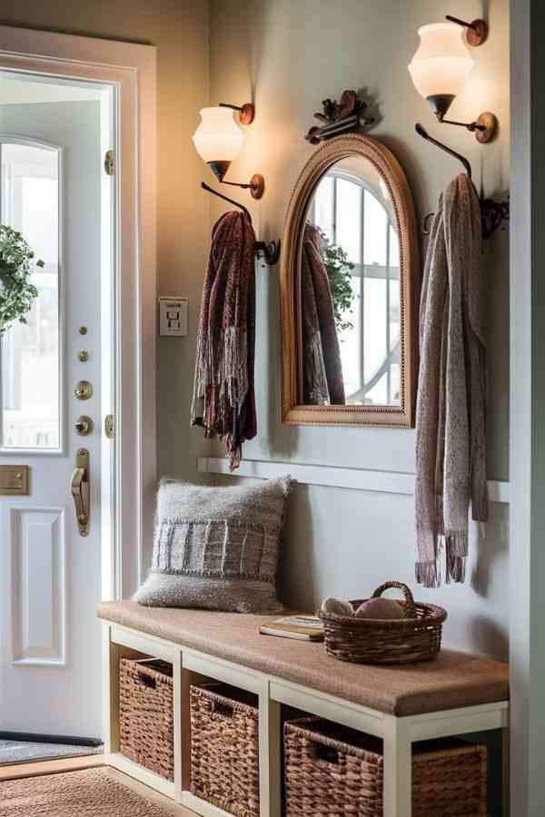 A Small, Low-Profile Storage Bench with Coat Hooks Above