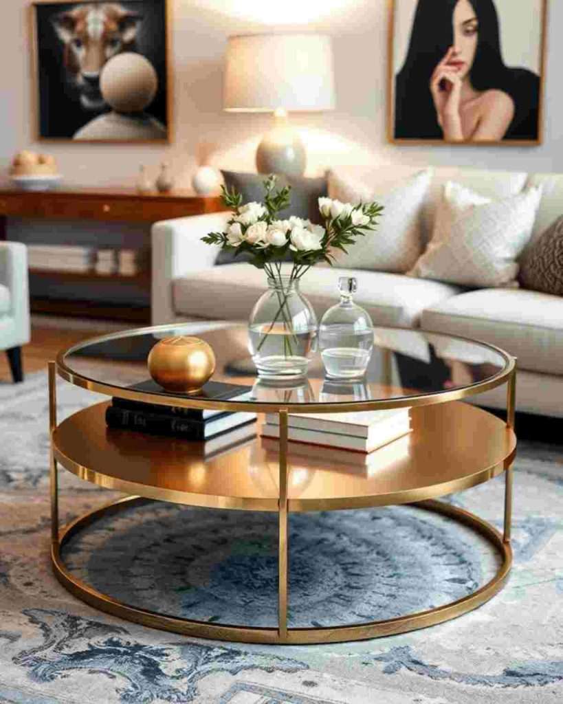 Round Glass Coffee Table with Gold Base